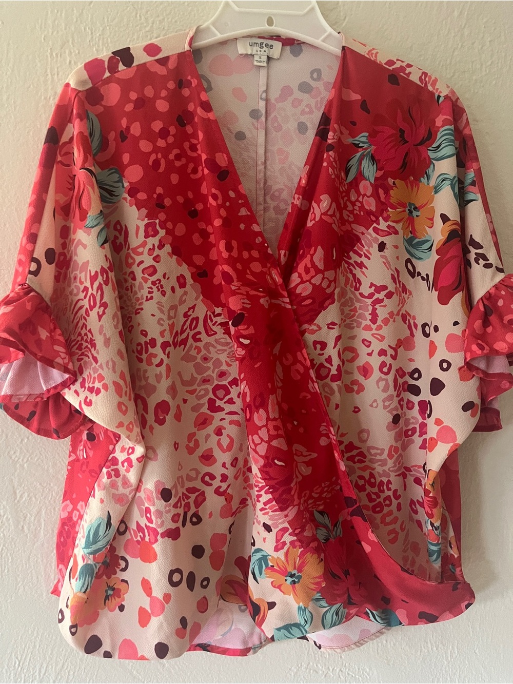 Umgee Pink and Red Floral V-Neck Blouse